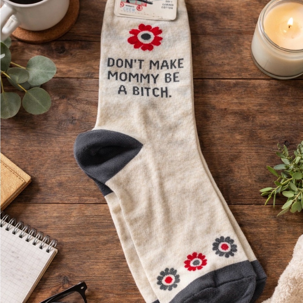 Blue Q Cream and Black Socks with Red Floral Design